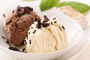Chocolate and Vanilla Ice Cream as closeup on a white plate