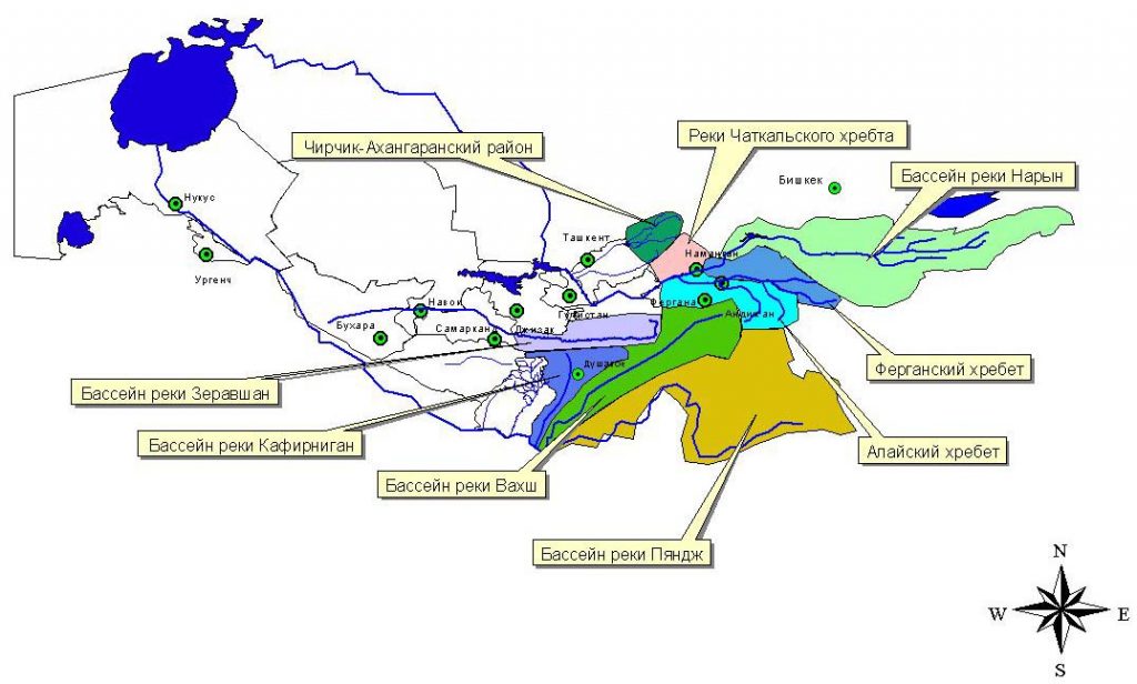 Схема гидрологических районов зоны формирования стока Амударьи и Сырдарьи.