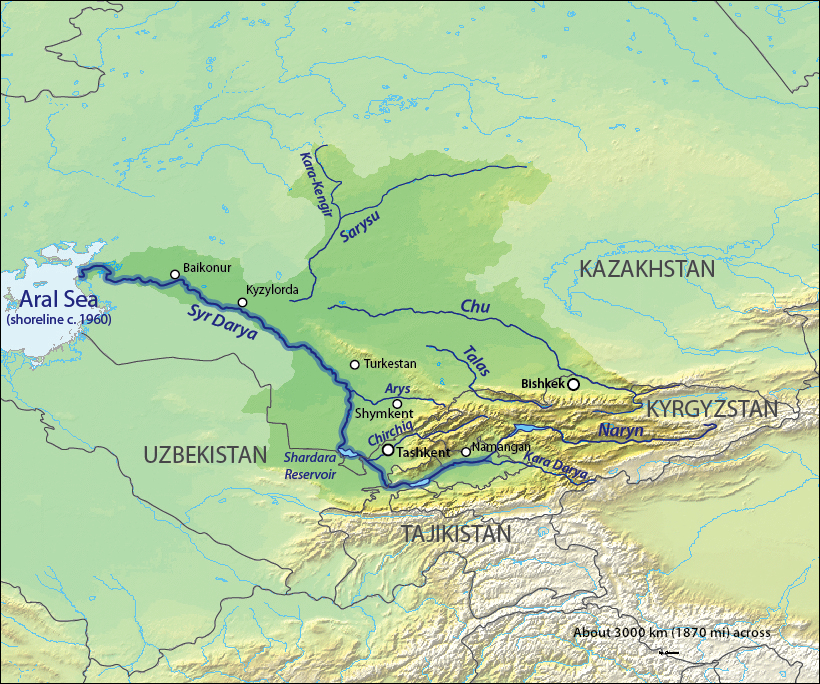 Карта стран ЦА с пересечением рек